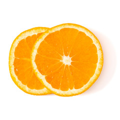 Orange fruit slice  isolated on white background closeup. Food background. Flat lay, top view.