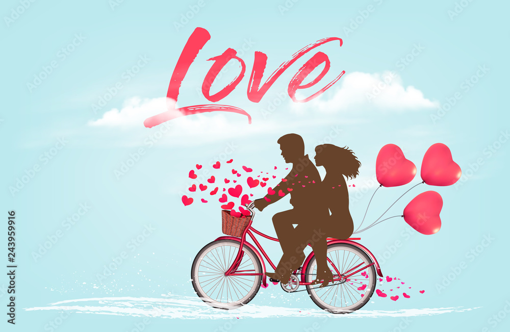 Poster valentine's day background with a heart shaped ballons and a bicycle with silhouelle. vector.