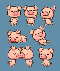 Cute kawaii cartoon pigs in different poses. Vector clip art illustration with simple gradients. Each on a separate layer. 