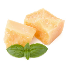 shredded parmesan cheese and basil leaf isolated on white background cutout