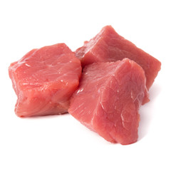 Raw chopped beef meat pieces isolated om white background cut out.