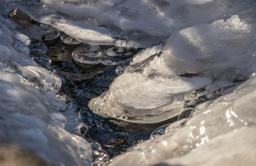 water flowing around icy rocks in river during winter, closeup, river bank, beautiful