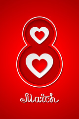 Elegant 8 march international women`s day red and white poscard with hand written letters. Paper art design. Vector illustration