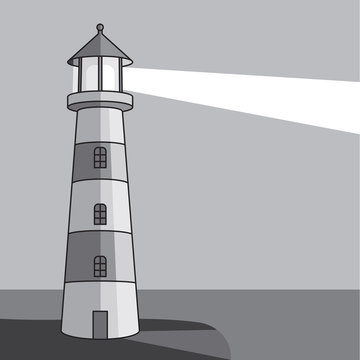 Monochrome image of lighting lighthouse at night