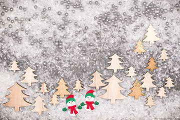 Fototapeta na wymiar Christmas greeting card. Noel festive background. New year symbol. Snowman.