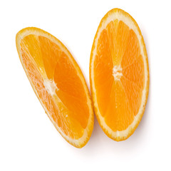 Orange fruit slice  isolated on white background closeup. Food background. Flat lay, top view.