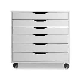 Stylish chest of drawers on white background. Furniture for wardrobe room