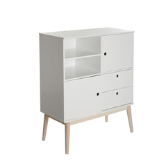 Stylish dresser with empty shelves on white background. Furniture for wardrobe room
