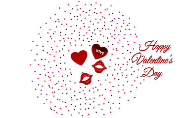 Valentine Day concept, white background with glitter red hearts