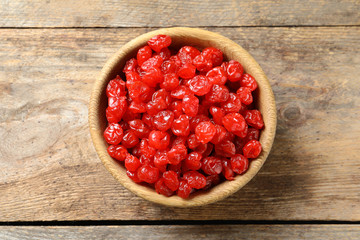 Bowl of sweet cherries on table, top view. Dried fruit as healthy snack