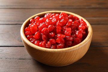 Bowl of sweet cherries on table, closeup. Dried fruit as healthy snack