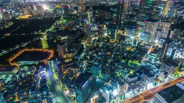 Timelapse of Towering Skyline City Lights in Tokyo -Tilt Up-