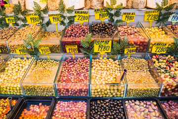 Olives for sale at food market in Istanbul Turkey