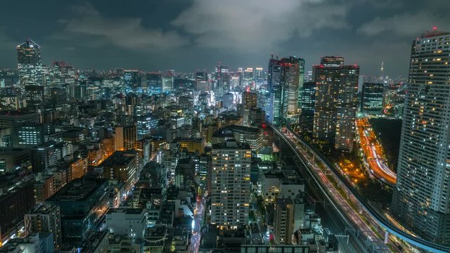 Timelapse Overview of Congested Tokyo Cityscape at Night