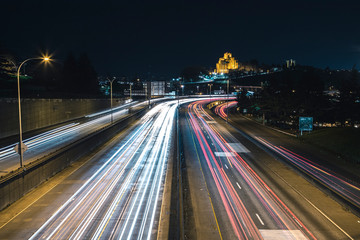 Long Exposure Freeway Light Streaks on Interstate 5 Downtown Seattle Night