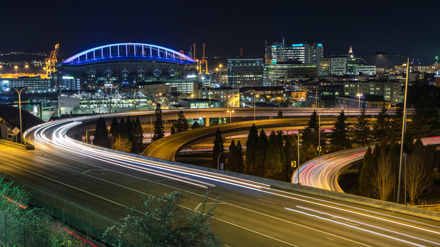 Illuminated View of Downton Seattle Freeway Car Light Streaks