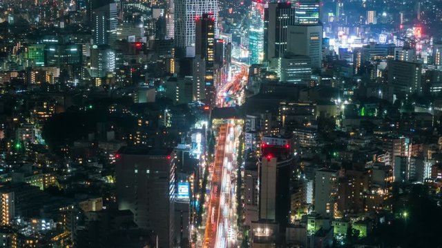 Timelapse of Night Highway Traffic Leading to Shibuya in Tokyo -Zoom Out-