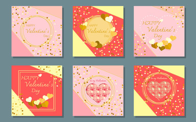 Fototapeta na wymiar Valentine's day cards set. Flat style vector illustration. Love, romantic, hearts,ornament, glitter template.
