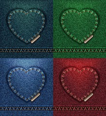 Jeans heart greeting card color collection, fabric texture denim, I love you Valentine blue petroleum red green vector 4 individual cards
