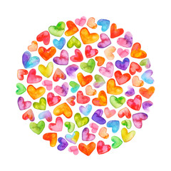 Watercolor Happy Valentines Day Rainbow Hearts Circle. Isolated on white background. Hand drawn hearts.