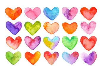Watercolor set of colorful hearts . Hand painted illustration . Kit 1.