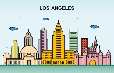 Obraz premium Los Angeles City Tour Cityscape Skyline Colorful Illustration