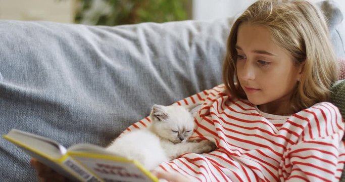 Close up of the cute kittycat sitting at the laps of a small Caucasian girl on the sofa and playing with a thread. Inside.