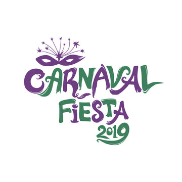 Carnaval Fiesta 2019. logo in spanish. Translated as Carnaval party 2019. Hand drawn two color template with Masquerade Mask. Vector pattern isolated on white.

