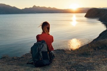 Fototapeta premium trip hiking woman with backpack