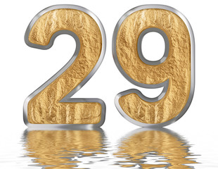 Numeral 29, twenty nine, reflected on the water surface, isolated on white, 3d render