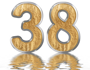 Numeral 38, thirty eight, reflected on the water surface, isolated on white, 3d render