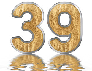 Numeral 39, thirty nine, reflected on the water surface, isolated on white, 3d render