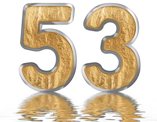 Numeral 53, fifty three, reflected on the water surface, isolated on white, 3d render