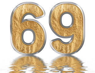 Numeral 69, sixty nine, reflected on the water surface, isolated on white, 3d render