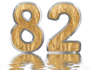Numeral 82, eighty two, reflected on the water surface, isolated on white, 3d render