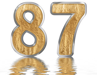 Numeral 87, eighty seven, reflected on the water surface, isolated on white, 3d render