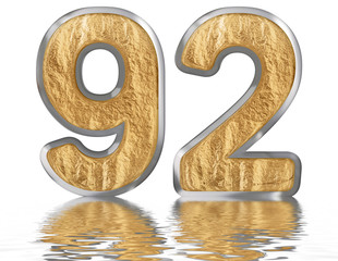 Numeral 92, ninety two, reflected on the water surface, isolated on white, 3d render