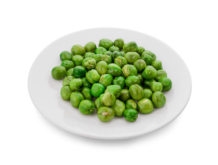 green peas, salted and deep fried on white background