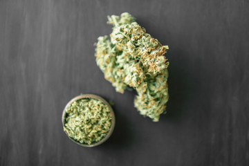 grinder with trichomes top view close up Macro of cannabis bud marijuana weed