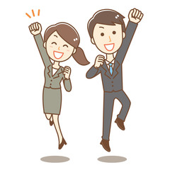 スーツ男女　ガッツポーズ　ジャンプ
