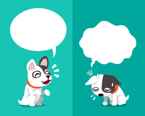 Obraz premium Vector cartoon character french bulldog expressing different emotions with speech bubbles for design.