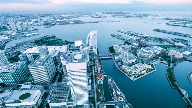 Timelapse Overview Day to Night of Yokohama Waterfront -Zoom In-