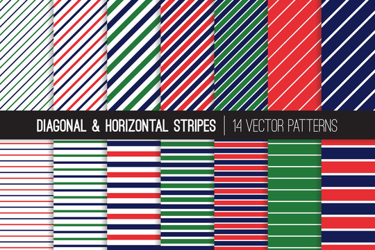 Navy Blue, Red and Green Diagonal and Horizontal Stripes Vector Patterns. Preppy Style Striped Backgrounds. Pin and Candy Stripes. Variable Thickness Lines. Pattern Tile Swatches Included.