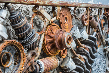 metal vintage machinery and engine parts gathered in patterns as steampunk background