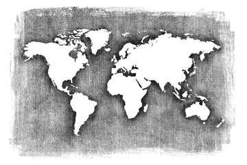 Black and white illustrated map. Textured illustration of map of the world with white edges. 