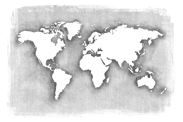 Gray illustrated map. Textured illustration of map of the world with white edges. 