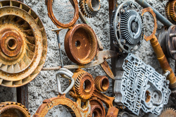 Fototapeta na wymiar metal vintage machinery and engine parts gathered in patterns as steampunk background
