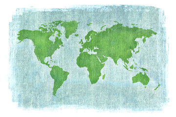 Fototapeta na wymiar Textured illustration of map of the world with burlap linen background. White edges. Vintage style with stained edges.