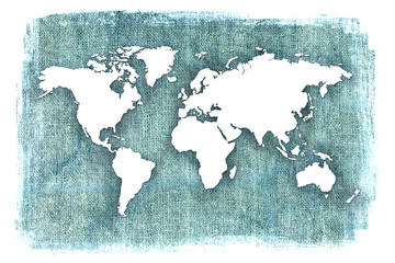 Textured illustration of map of the world with burlap linen background. Dark blue vintage style with stained edges.