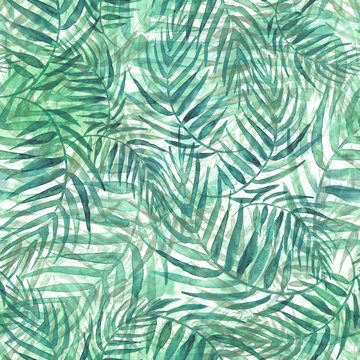     Seamless watercolor background from green tropical leaves, palm leaf, floral pattern. Bright Rapport for Paper, Textile, Wallpaper, design. Tropical leaves watercolor. Exotic tropical palm tree 